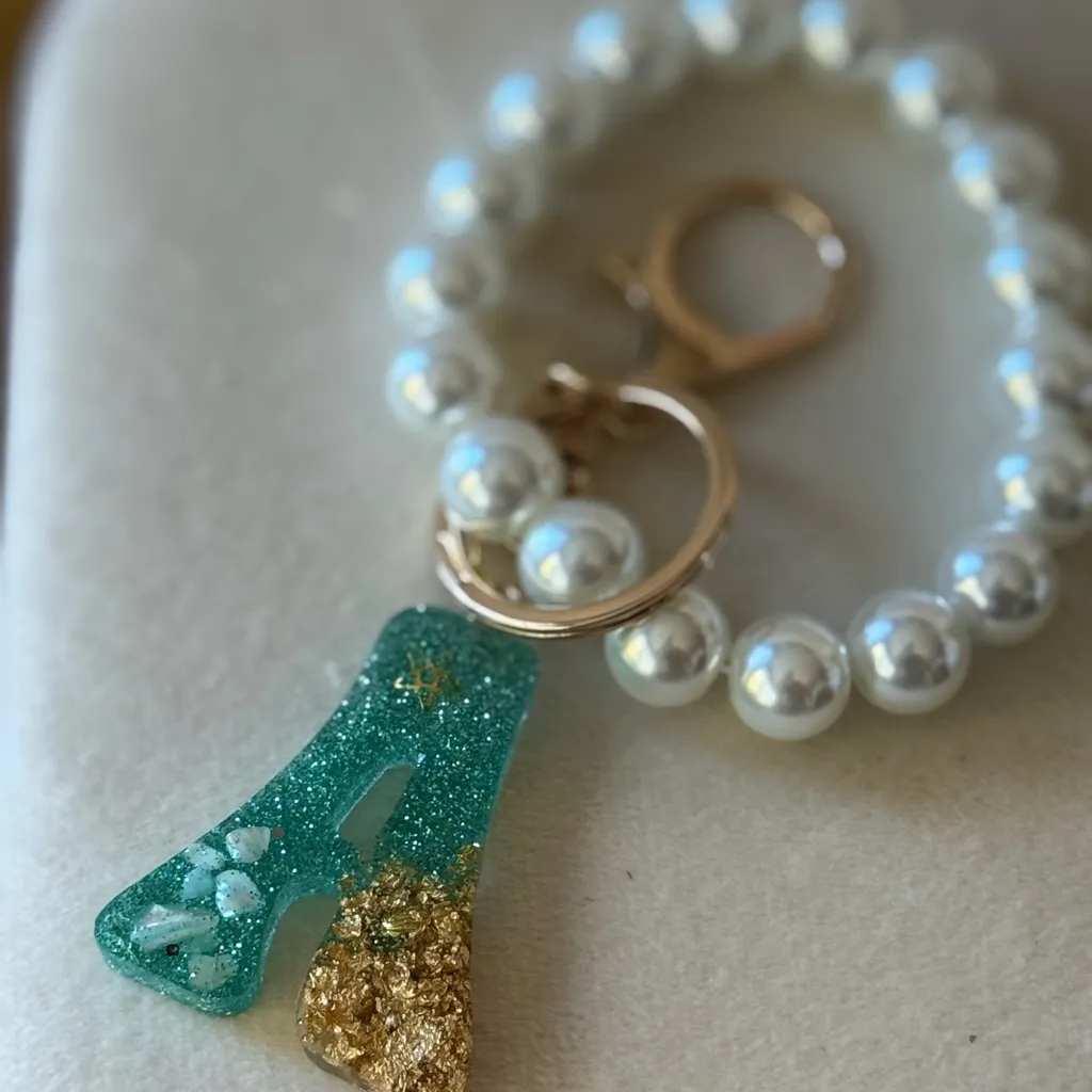 Pearl Beaded Wrist Keychain with Glitter Initial A Beachy Charm - Image 2