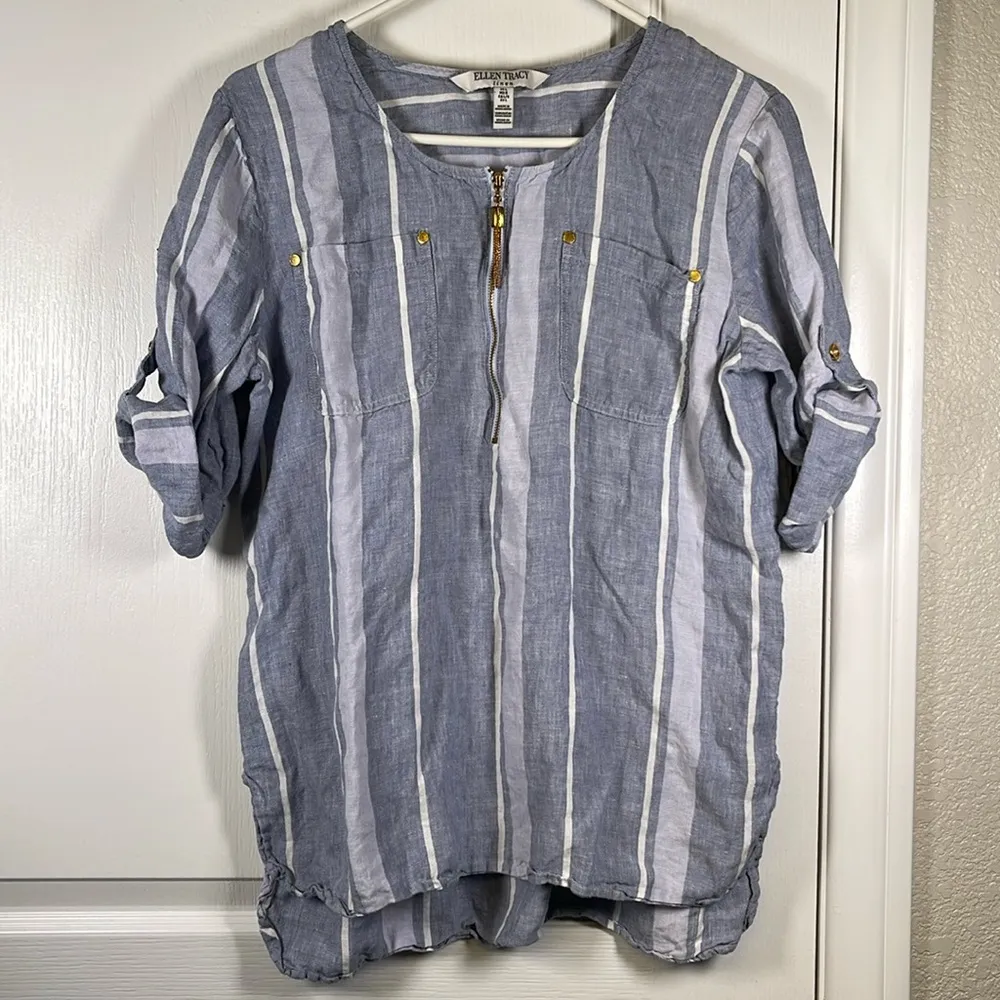 Women's Ellen Tracy Blue White Striped Folded Sleeves Pockets Linen Blouse Large - Image 2