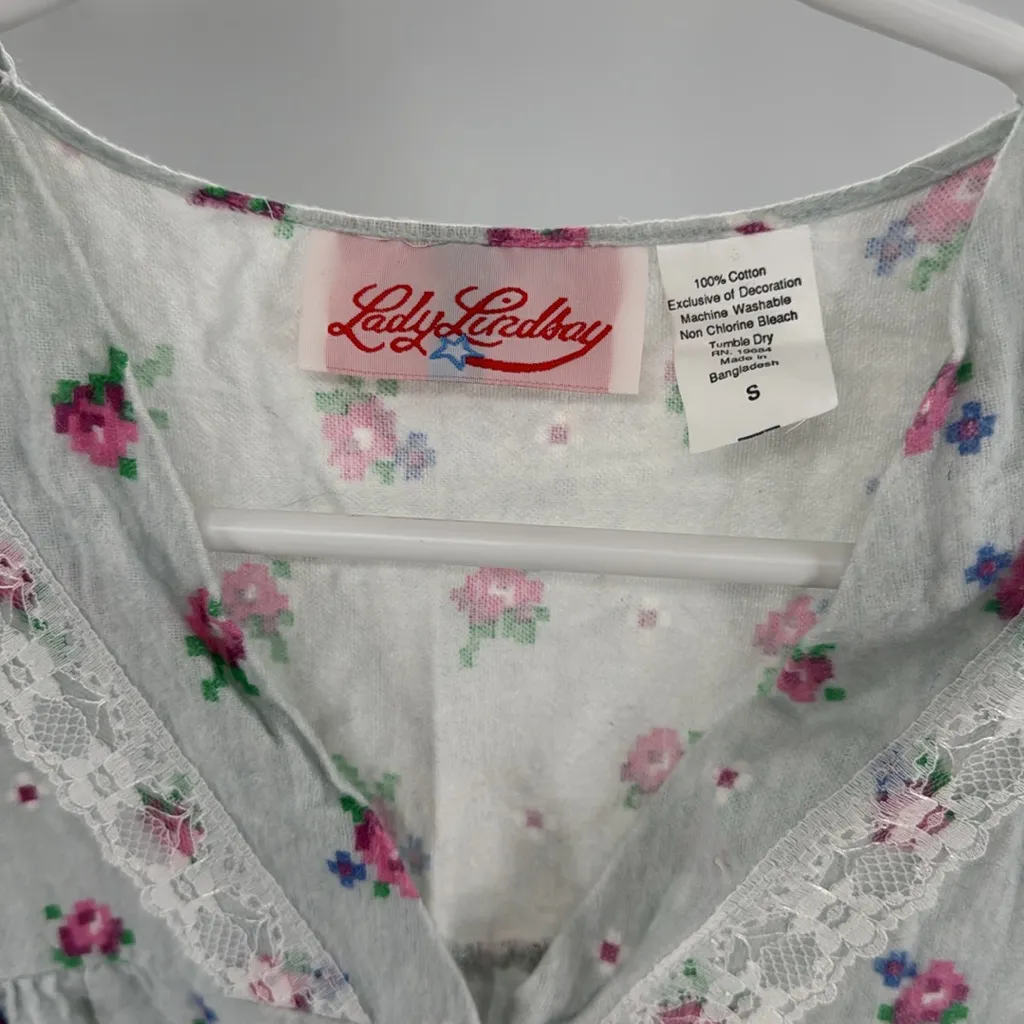 Lady Lindsay cotton lace trim light blue floral pajama nightgown S ruffle long - Image 6