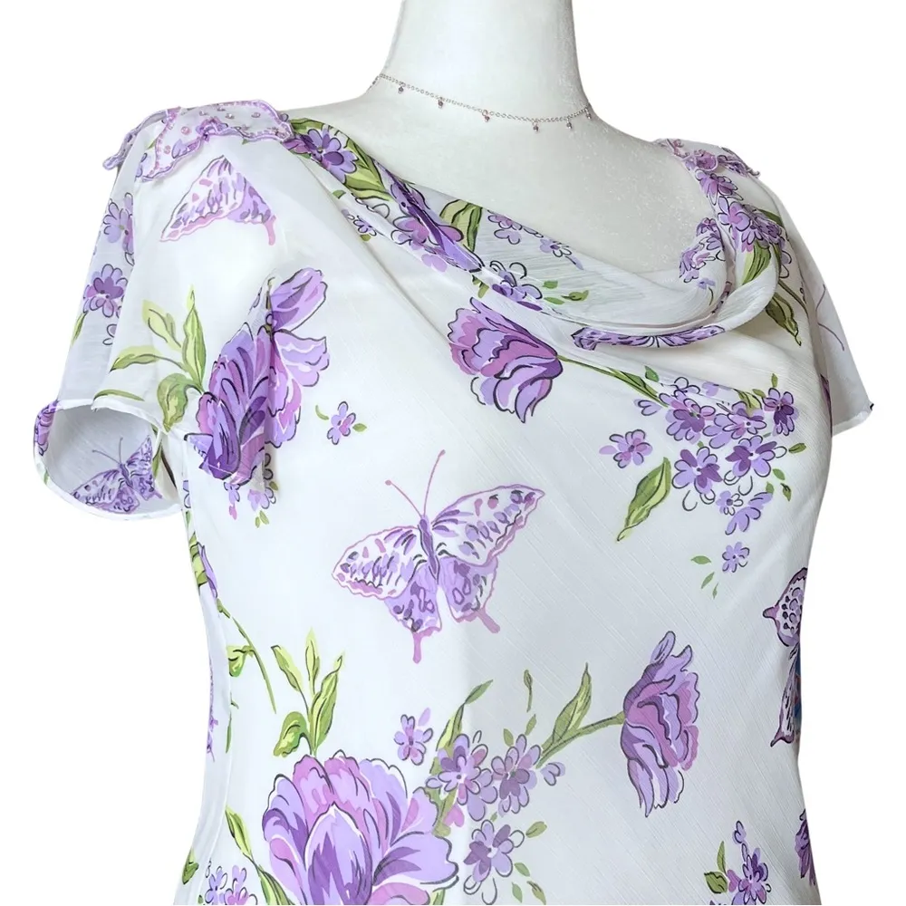 Vintage 90s Y2K White Purple Floral Butterfly Fairycore Top Large Easter Pastel - Image 6