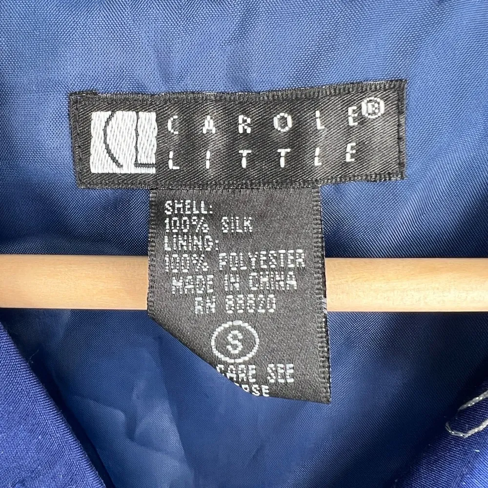 Vintage Carole Little Silk Floral Embroidered Blouse 90s Navy Blue Small - Image 4
