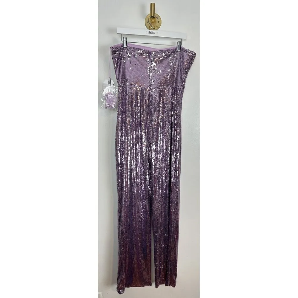DRESS THE POPULATION Andy Sequin Strapless Jumpsuit in Lavender Multi Size Large - Image 9