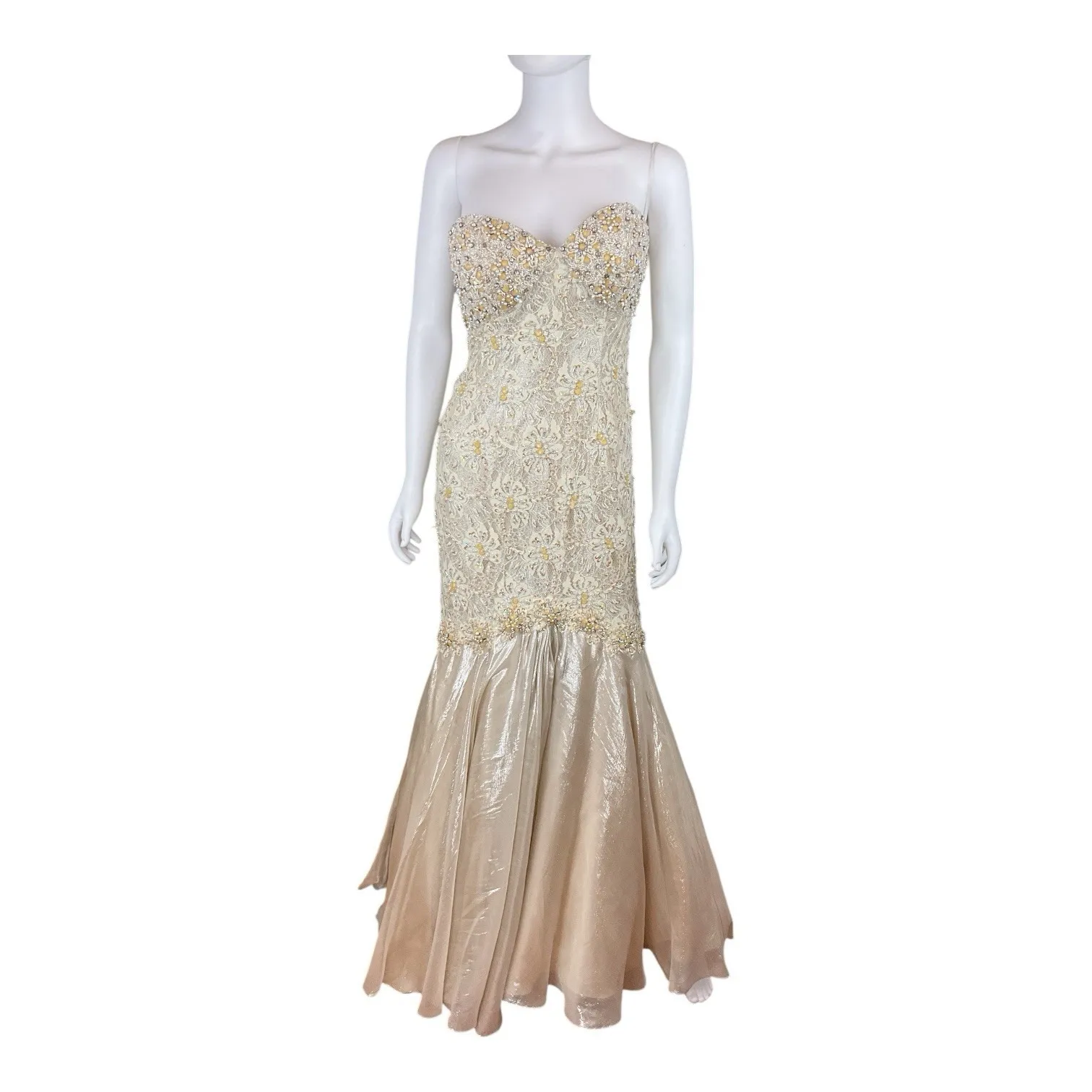 Mac Duggal Couture Beaded Strapless Gown Womens 4 Champagne Lace Mermaid Formal - Image 4