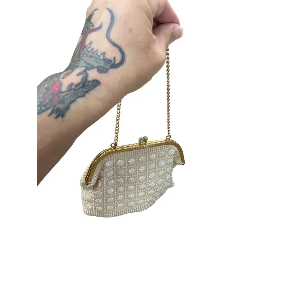 Vintage Honk Kong Pearl Flower Beaded Evening Clutch Purse SKU 9477 White - Image 15