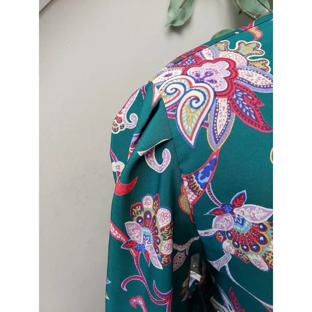 Vintage Kristy Michaels Knee Length Dress 12 Green Floral Button Front Zip back - Image 11