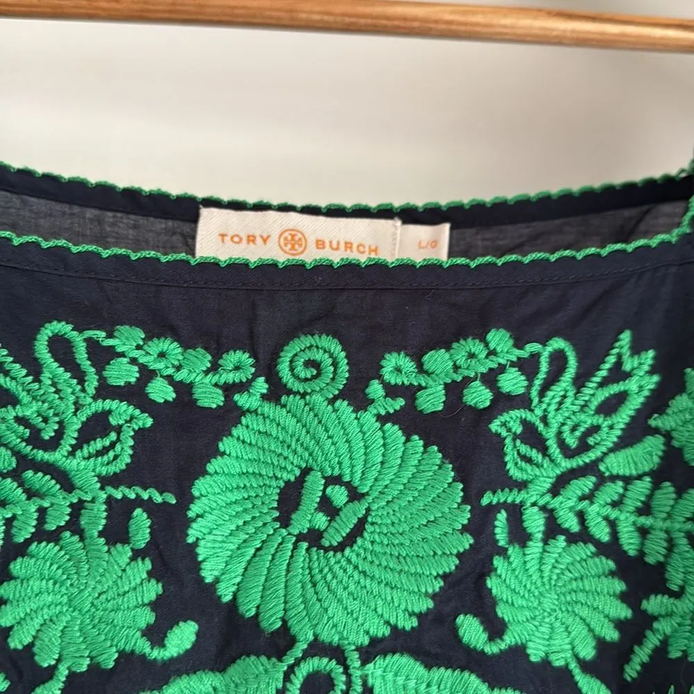 Tory Burch Amira Blue Green Embroidered Size Large Cotton Tunic Top Swim Cover - Image 3