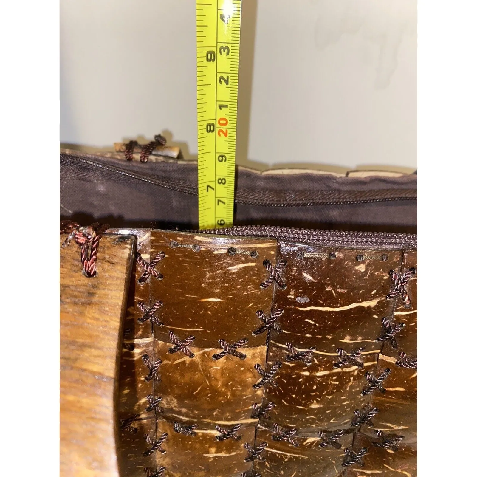 Handmade Coconut Shell Woven Patchwork Brown Zip Handbag Purse lined EUC - Image 12