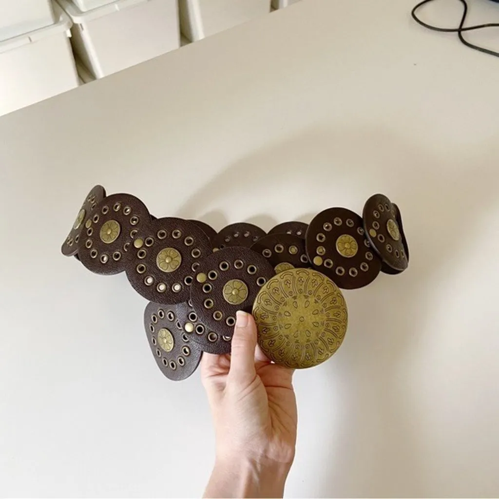 Leather Low Rise Wide Grommet Belt One Size Brown/Brass Brown - Image 4