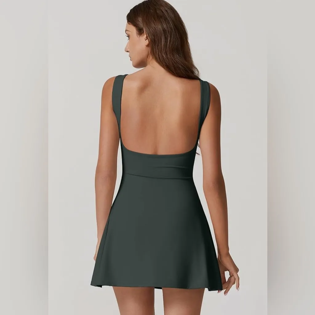 NWT QINSEN Women’s Dark Green Open Back Tennis Dress - Image 2