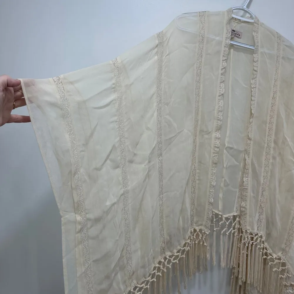 Muche Et Muchette Ivory‎ Lace Shawl Poncho Boho One Size Fringe Beach Coverup Tan - Image 10