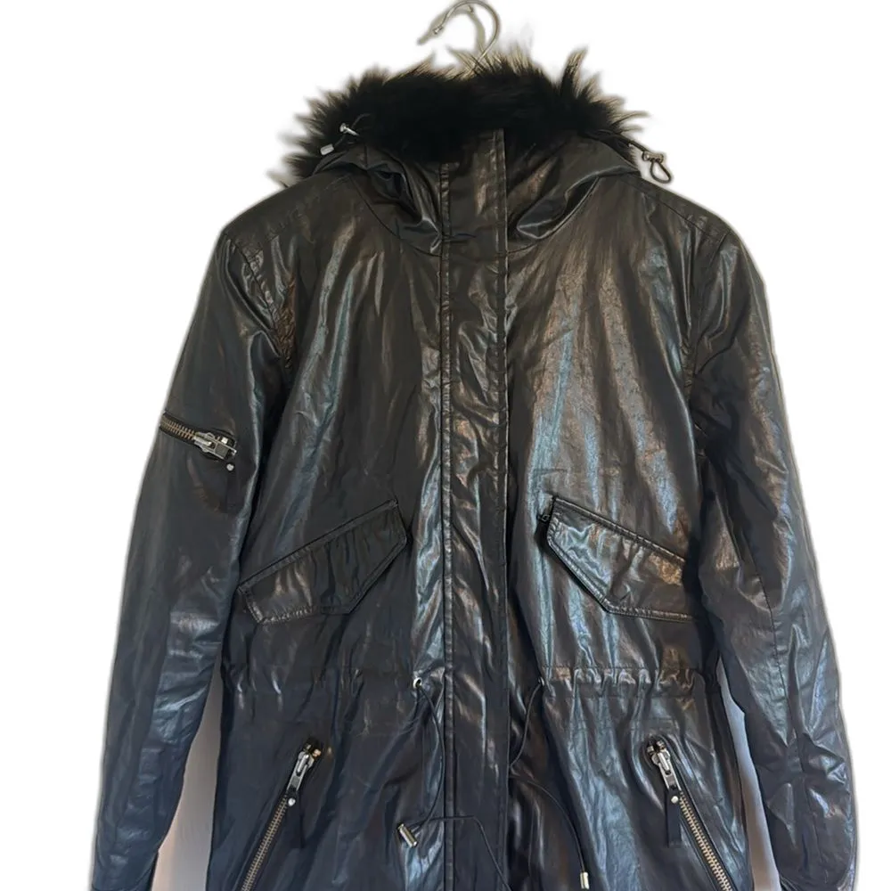 SAM. KATE PARKA BLACK COATED CANVAS & FOX FUR SIZE SMALL HOODED JACKET - Image 3