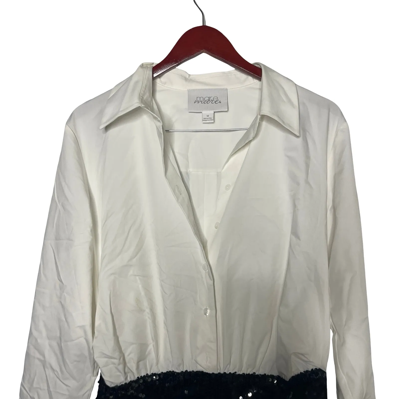 Anthropologie Mare Mare white Button down top black sequin bottom Mini Dress M - Image 5