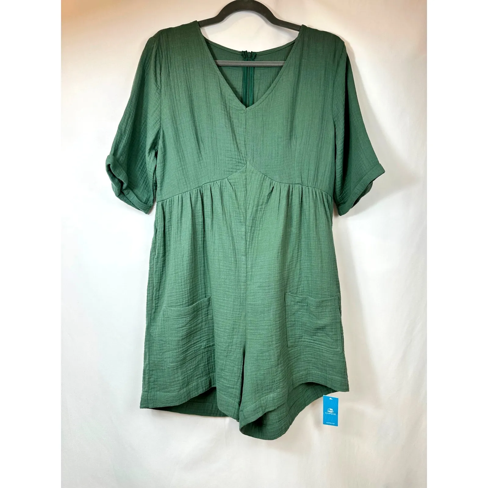 Cupshe Romper V Neck Wide Leg Pockets Beach Green L - Image 6