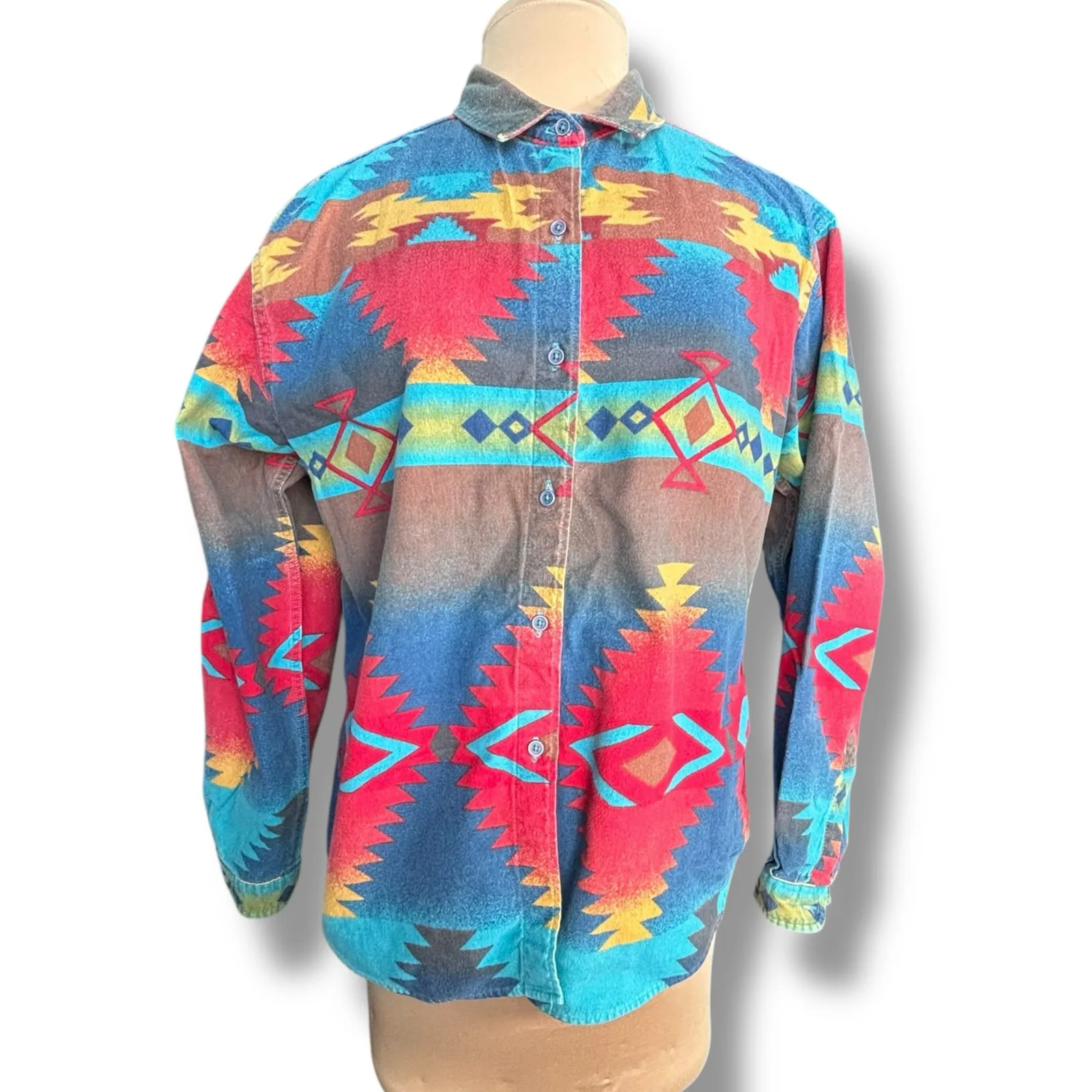 Vintage 90s Woolrich Colorful Southwest Aztec Print Cotton Shirt Made in USA XL - Image 3