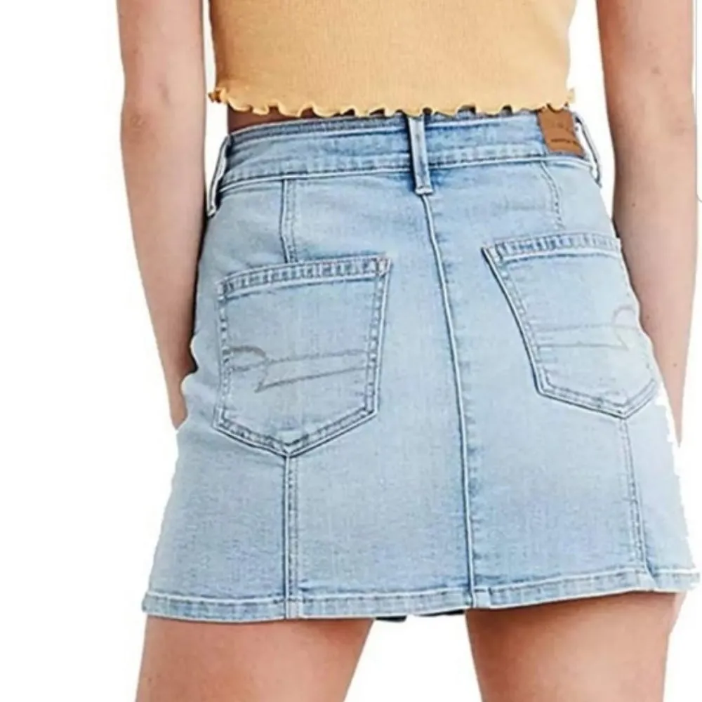 American Eagle Hi-Rise A-Line Mini Skirt Light Wash Denim Stretch Button Front 2 - Image 2