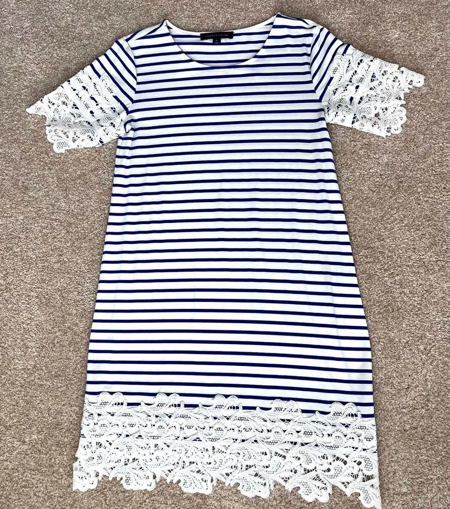 Tommy Hilfiger Blue and White Striped Dress with Lace Design Size Medium - Image 5