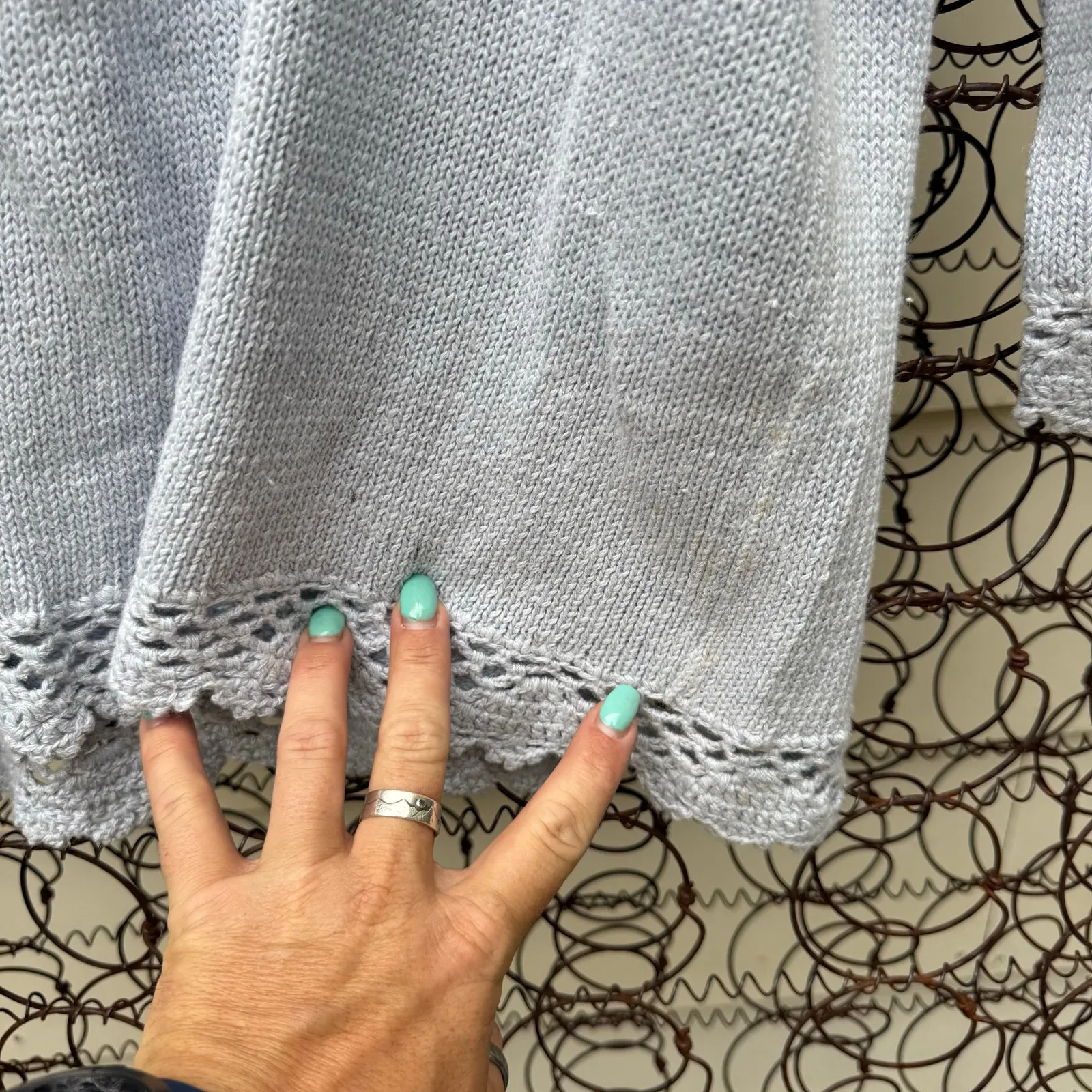 Vintage Granny Cottagecore Floral Long Sleeve Crochet Embroidered Sweater Blue L Size L - Image 3