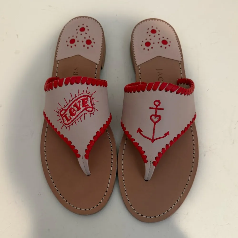 Jack Rogers Love Heart Anchor Pink Leather Slip-On Thong Sandals Pink Red 9.5 - Image 2