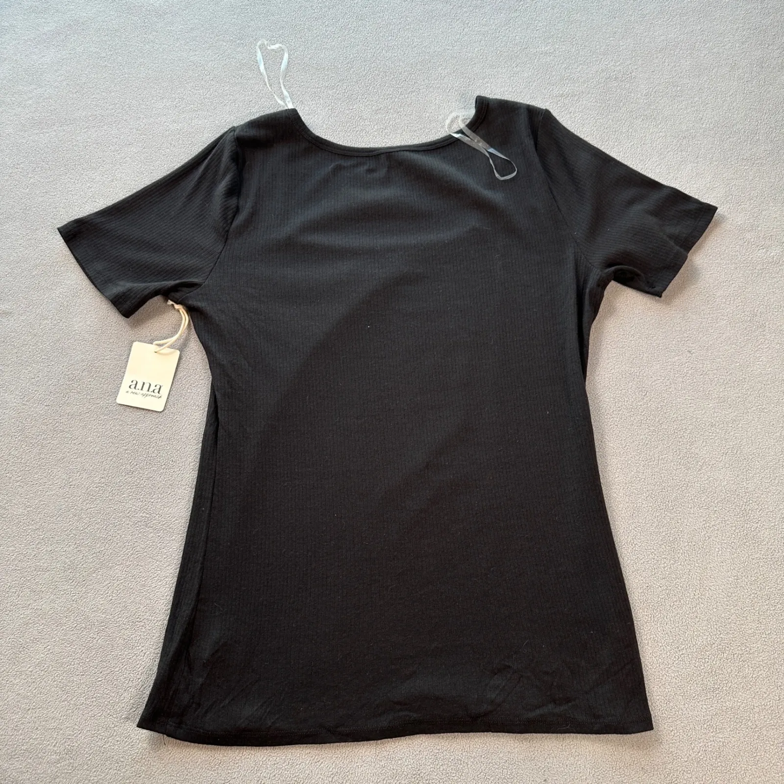 ANA A New Approach Top XL Women's Black Ribbed Knit Square Neck Short Sleeve NWT - Image 2
