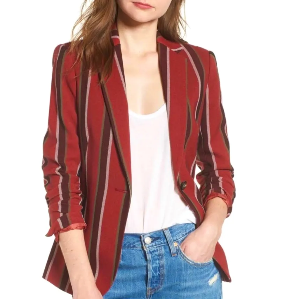 Mural Textured Trend Red Striped Single Button Stylish Blazer Medium - Image 13