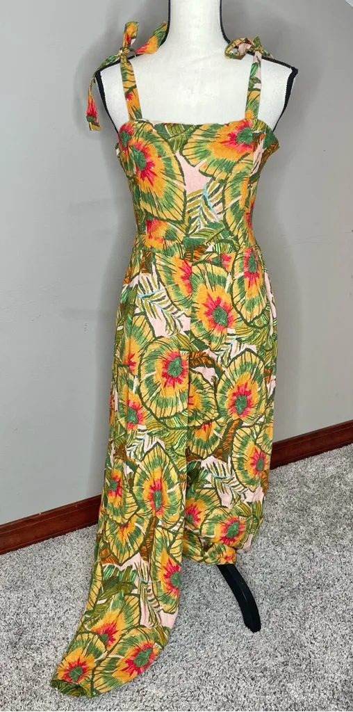 Cynthia Rowley Linen Blend Multicolor Tropical Wide Leg Jumpsuit Medium M