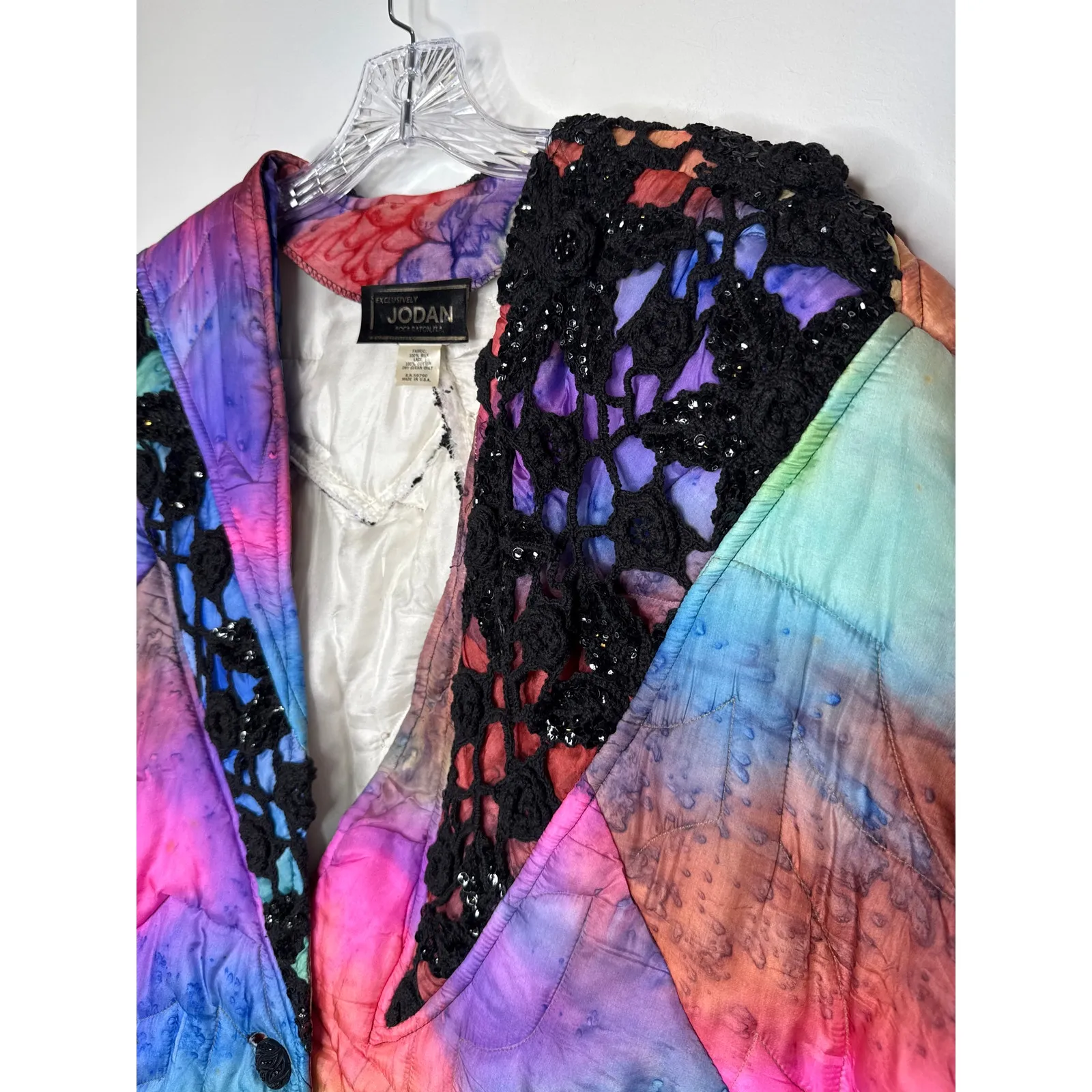 1980s–90s Jordan Silk Quilted Jacket Abstract Artwear Lace USA Large - Image 12
