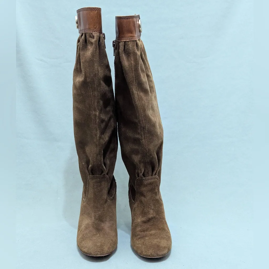 Michael Kors Boots Womens Knee-High Block High Heels Brown Suede Pleats Size 5.5 - Image 4