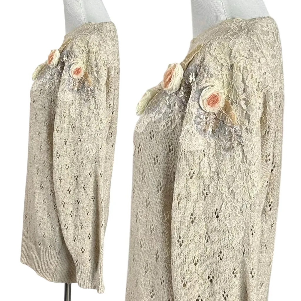 Vintage 70s Mariea Kim Dainty Shabby Chic 3D Flower Lace Pointelle Sweater Med - Image 3