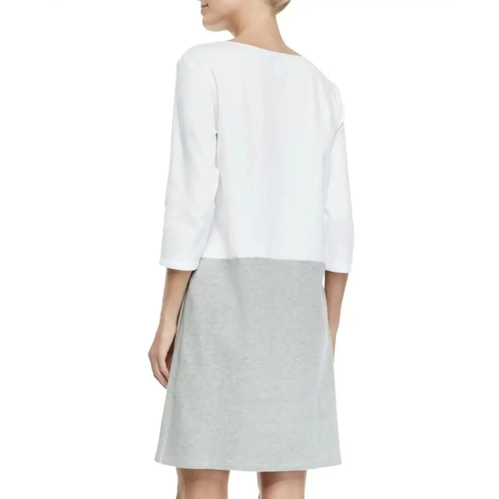 Joan Vass Dress Women Large White Gray Asymmetrical 3/4 Sleeve Pocket Minimalist - Image 4