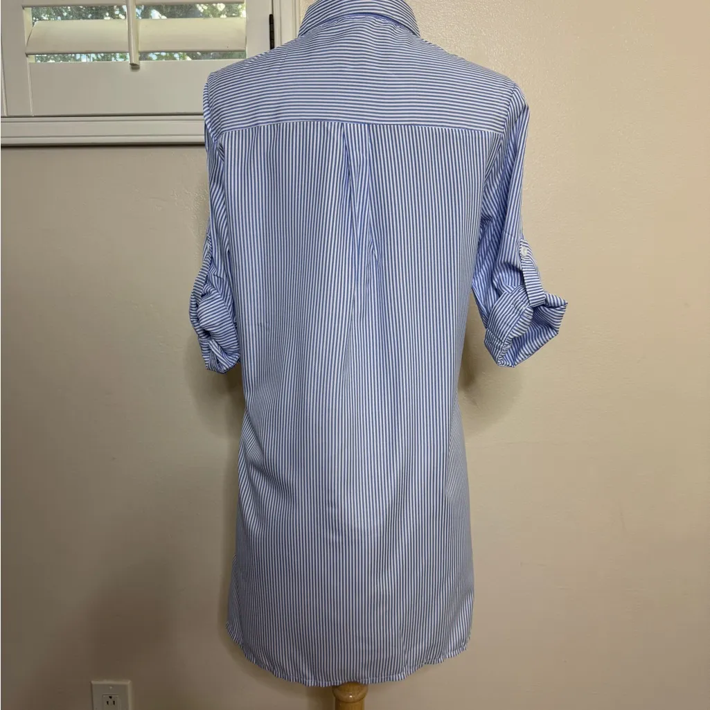 Floral Embroidered Blue Striped Mini Dress - Image 2