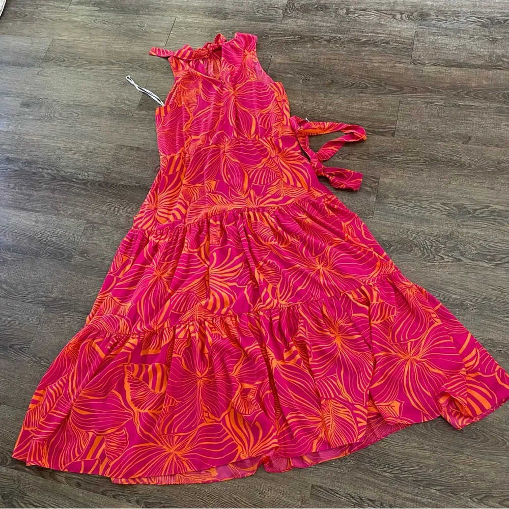 ANNE KLEIN Maxi Dress 18W Pink Orange Floral Tiered Halter Neck Tropical Belt - Image 7