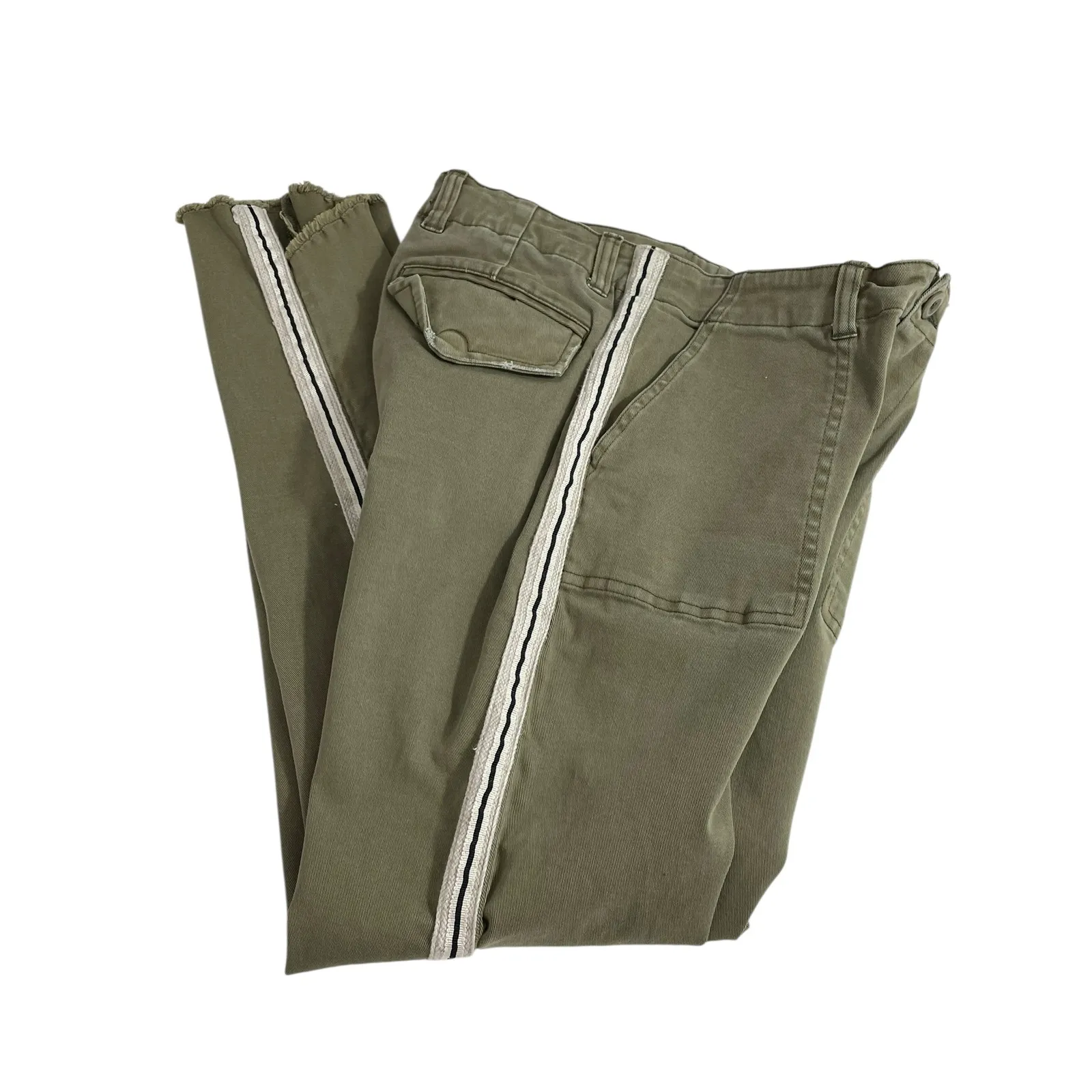 MONROW Women's Olive Army Green Pants Size 26 Raw Hem Side Stripe‎ Chino - Image 3