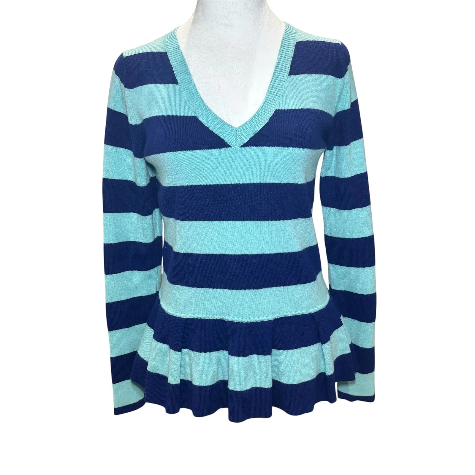 Banana Republic‎ Striped Peplum Pullover Sweater M Medium Blue Violet Aqua Teal - Image 2