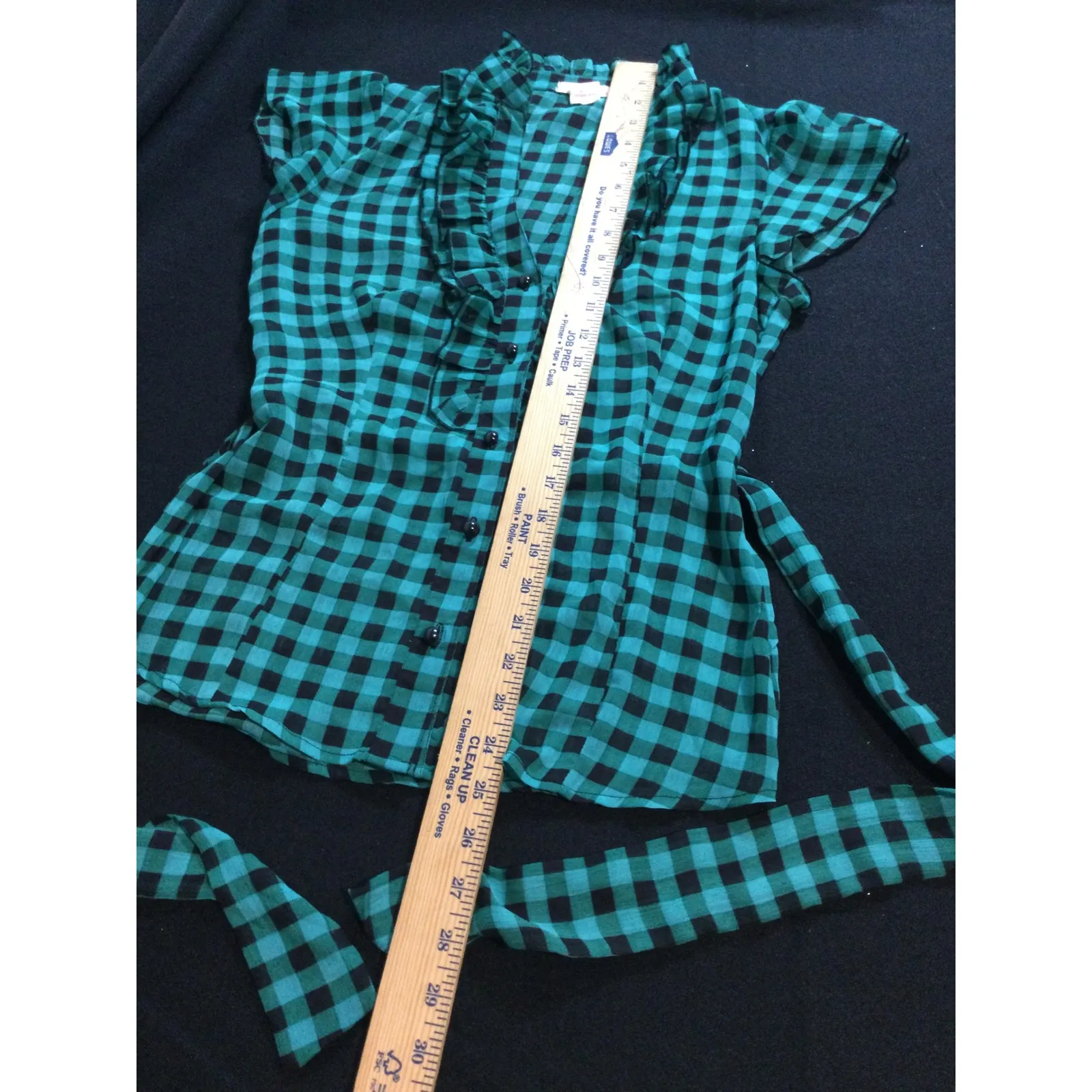 One clothing GreenPlaid Ruffle Top Blouse with Tie Waist, Career Casual Womens M - Image 5