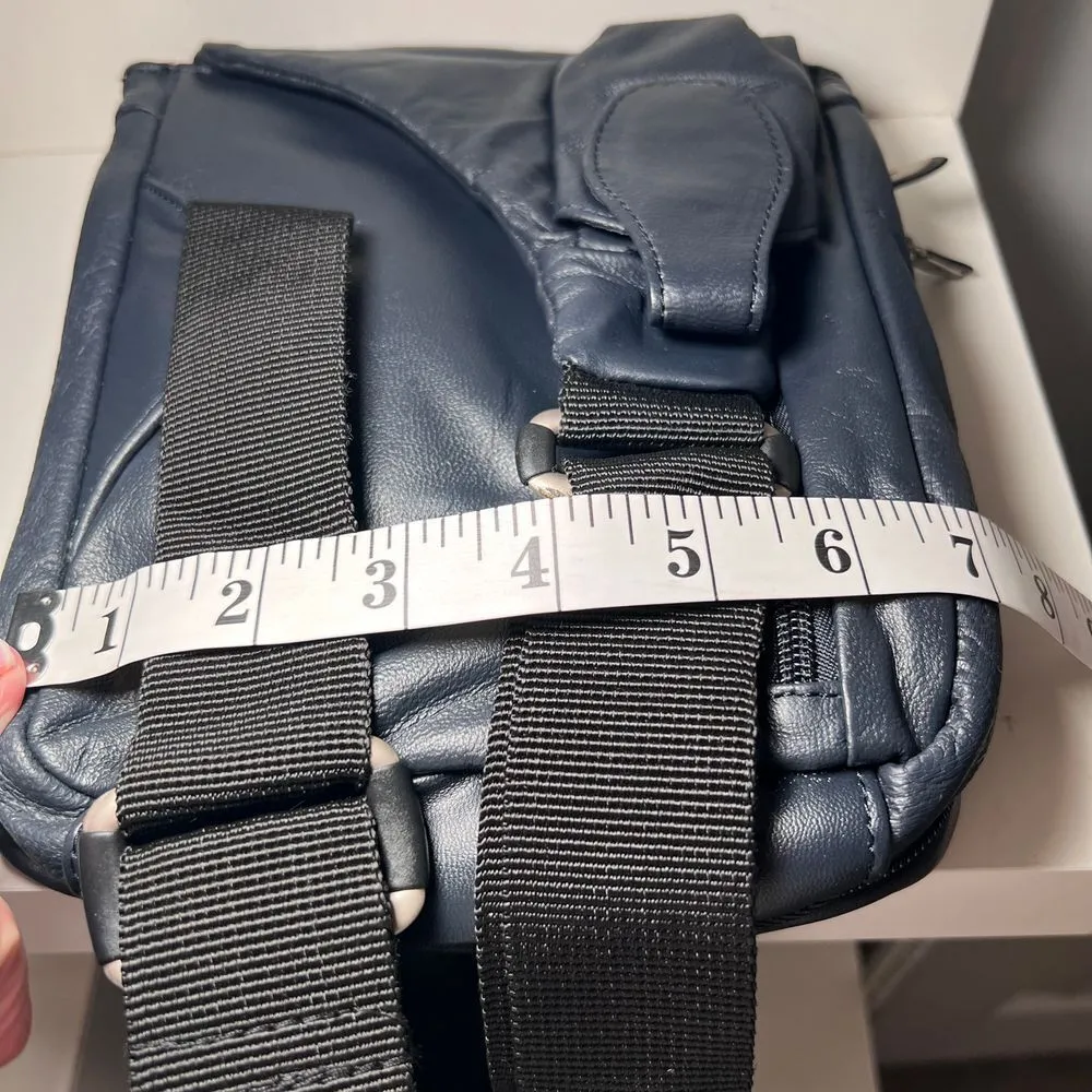 Travelon Navy Blue Leather Messenger Bag with Front Zip Pocket - Image 14