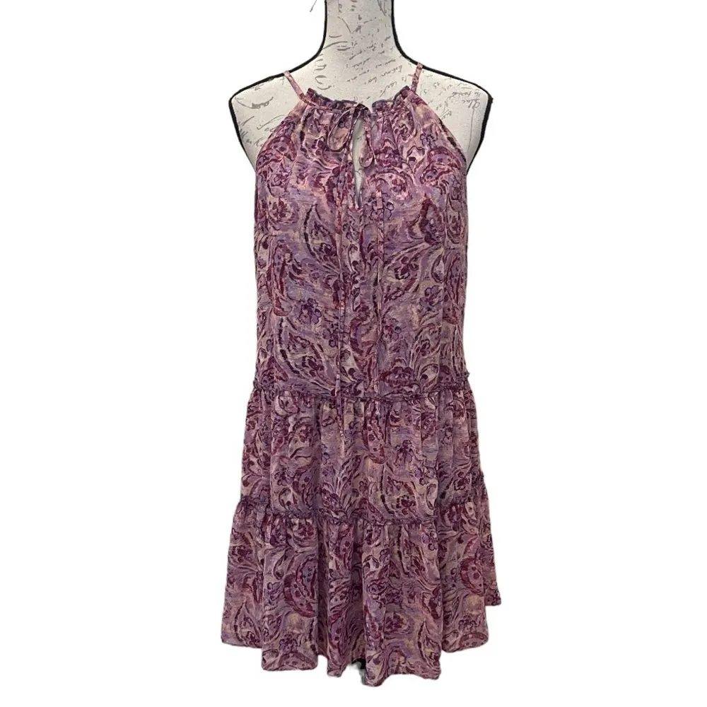 Anthropologie Drew Floral Halter Tiered Mini Dress Pink-Purple Sz M - Image 2