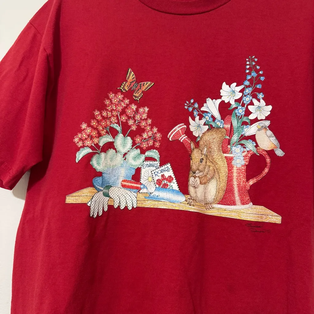 Vintage Squirell Garden Red Graphic Tee - Image 2