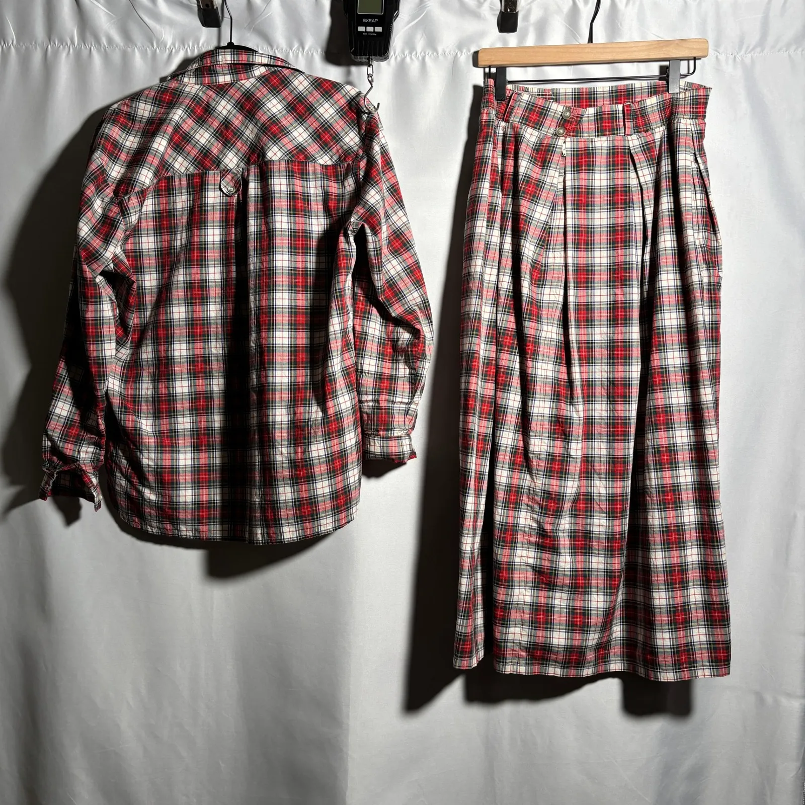 VTG Red Plaid Maxi Skirt Set Holiday Country Core Cotton Long Sleeve Buttons 10 - Image 2