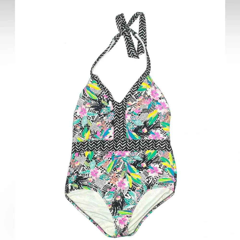 Lands End | Coastal Pool Tropical Floral Boho Halter One Piece Swimsuit Size 14 - Image 5