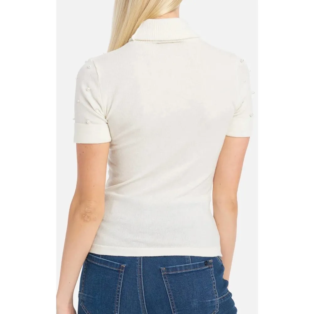 BEBE LOGO PEARL DETAIL SWEATER in Ivory Size L - Image 2