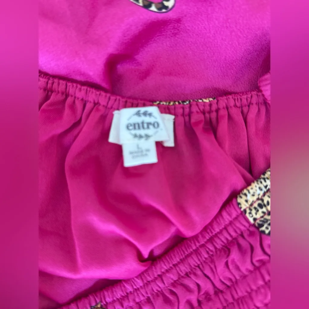 Entro Fuchsia & Gold Leopard Puff Sleeve Drop Waist Dress, Size Large - Image 3