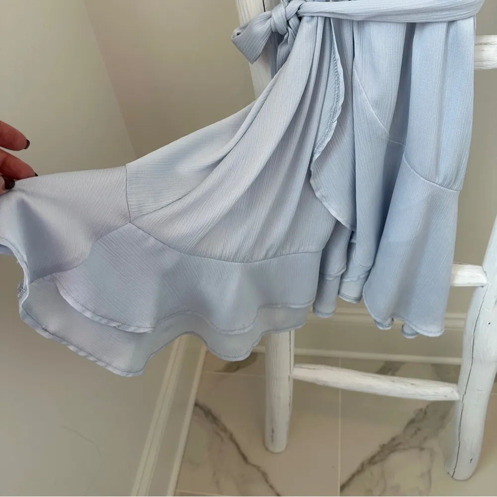 Rumor Light Blue Belted Flared Ruffle Bottom Mini Dress SZ Small - Image 12