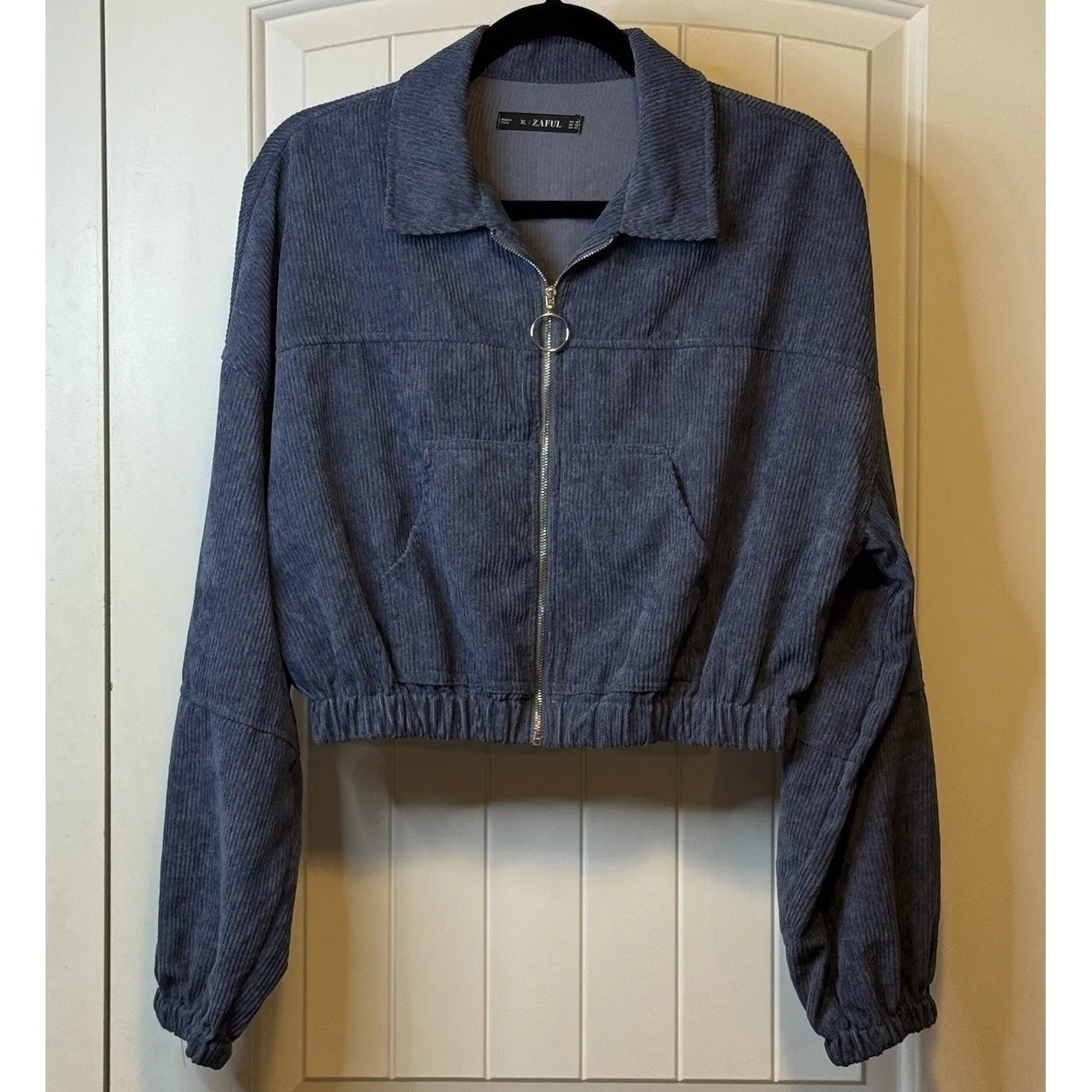Zaful Ribbed Cropped Blue Corduroy‎ Full Zip Jacket Womens Long Sleeve Coat XL # - Image 2