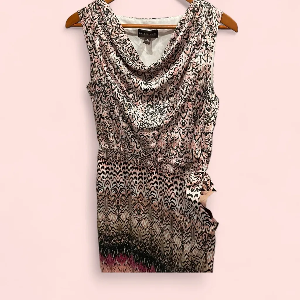 Cute Dana Buchman silky pink black pattern elastic waist mini dress cowl neck - Image 2