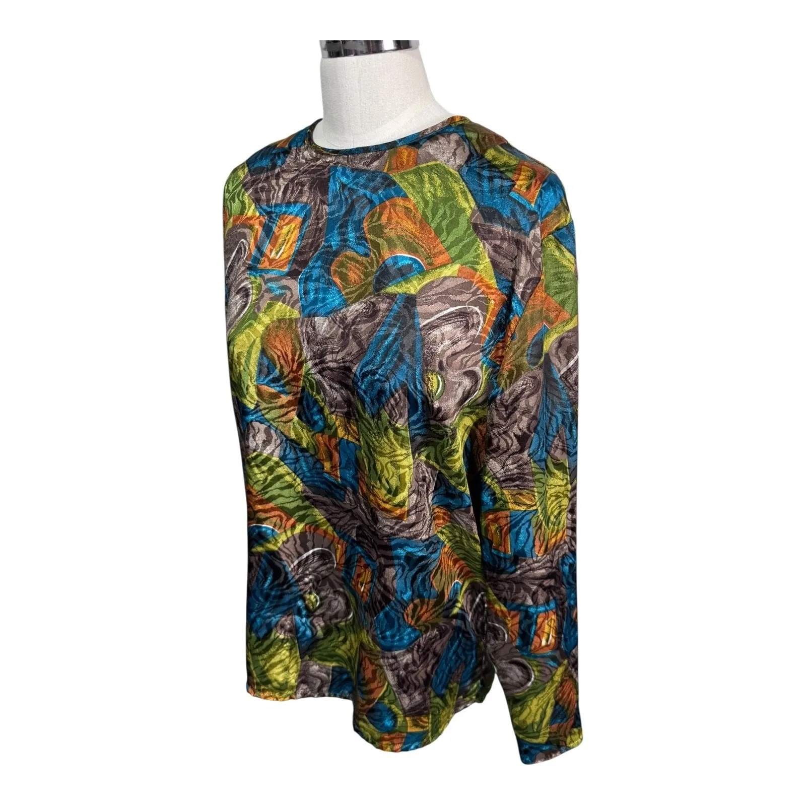 Adolfo Y2K Blouse Abstract Print Shirt Jewel Tone Retro Art‎ Pattern Women's 10 - Image 6