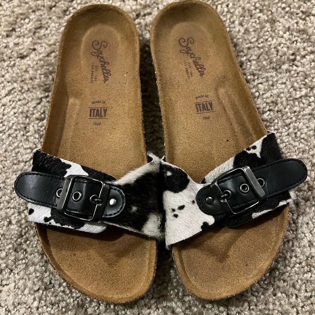 Seychelles speechless sandal black cow print Italy real fur‎ 6.5 - Image 5