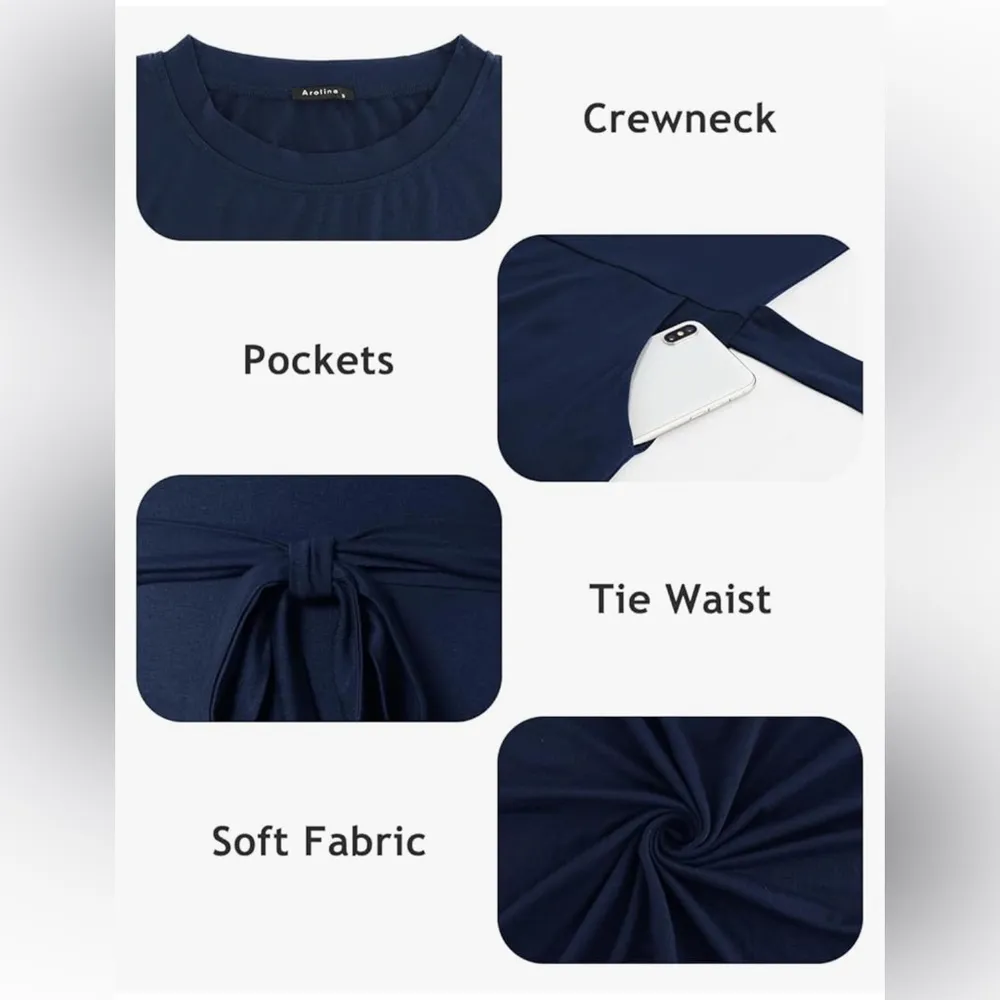 NEW Short Sleeve T Shirt Casual Midi Crewneck Tie Waist Pockets Dress M Blue Size M - Image 5