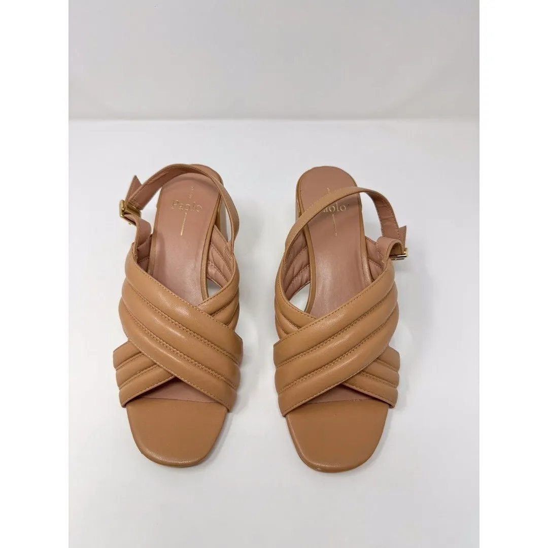 LINEA Paolo Isabel Sandals Brown Leather Slingback Puffy Crossover Heels US 8.5M Size 8.5 - Image 2