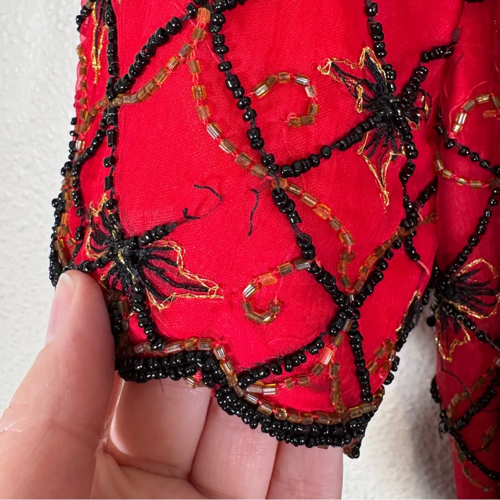 Vintage Stenay Red Silk Black Beaded Short Sleeve Blouse Womens XL Christmas Bow - Image 2
