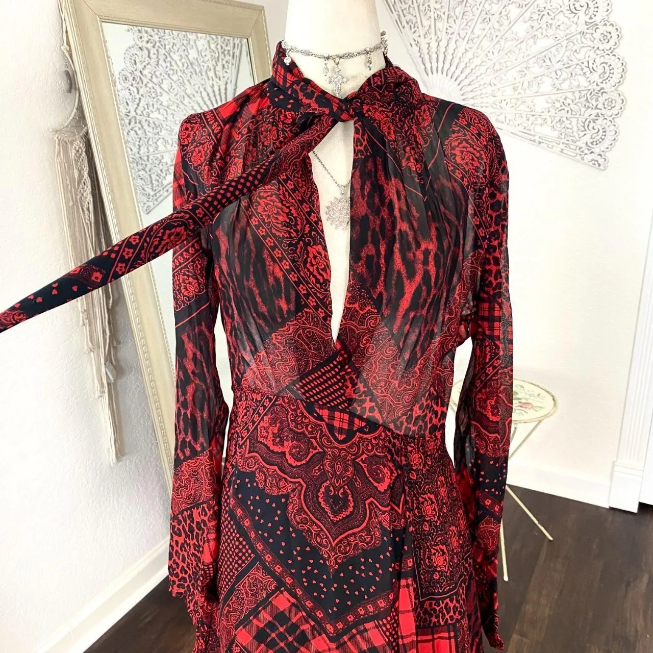 The Kooples Red Black Semi Sheer Mixed Print Tie Neck Mini Dress EUC L - Image 4